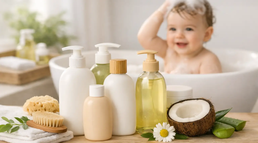 Natural baby bath products with a happy baby in the background