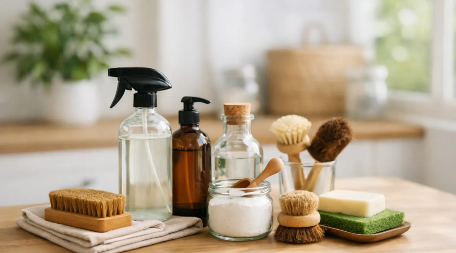 Eco-friendly cleaning supplies and natural brushes on a wooden countertop