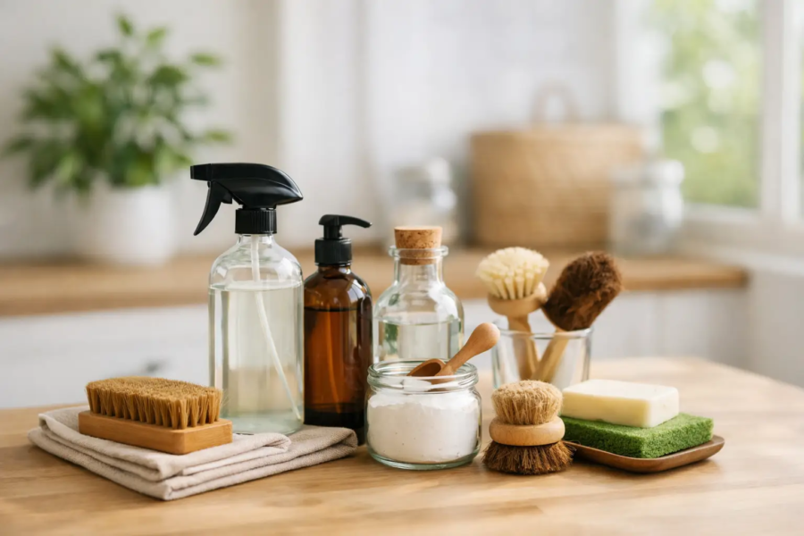 Eco-friendly cleaning supplies and natural brushes on a wooden countertop