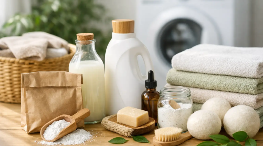 Eco-friendly laundry detergent and reusable cleaning products with natural ingredients on a clean surface