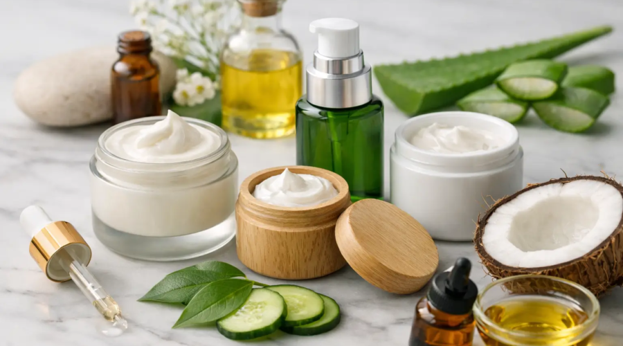 Organic face moisturizers with aloe vera, coconut oil, and essential oils on a marble surface