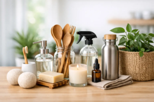 Eco-friendly kitchen essentials on a wooden countertop, including reusable utensils, glass bottles, and natural cleaners