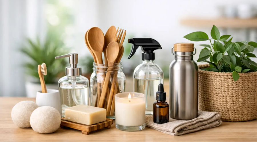 Eco-friendly kitchen essentials on a wooden countertop, including reusable utensils, glass bottles, and natural cleaners