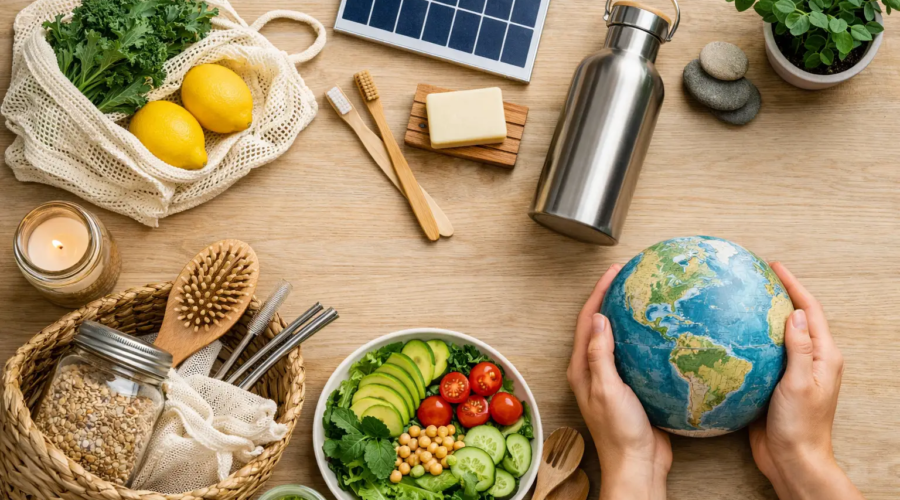 Reusable items, fresh vegetables, and a globe symbolizing eco-friendly sustainable living