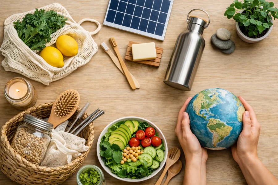 Reusable items, fresh vegetables, and a globe symbolizing eco-friendly sustainable living