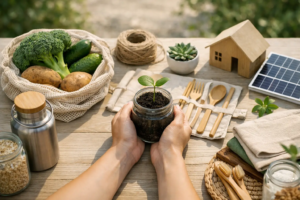 Eco-friendly gardening tools, fresh vegetables, and renewable energy on a wooden table for sustainable living