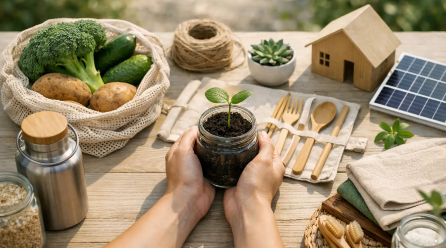 Eco-friendly gardening tools, fresh vegetables, and renewable energy on a wooden table for sustainable living