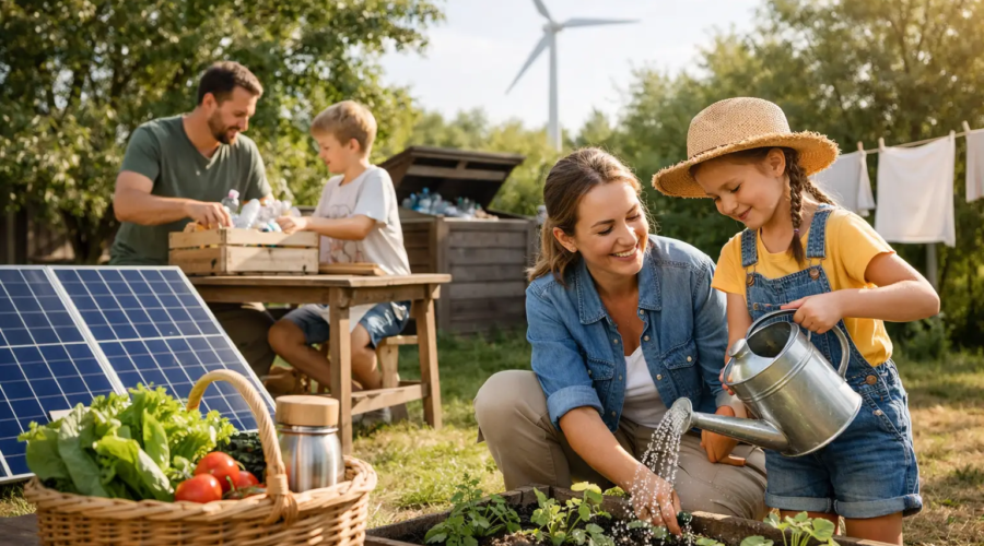 Family gardening outdoors with solar panels and a wind turbine in the background