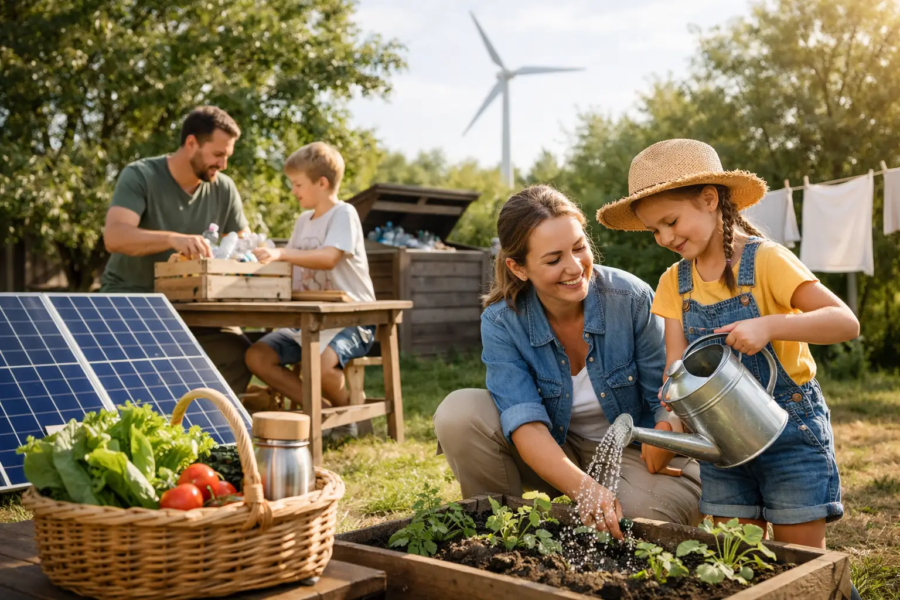 Family gardening outdoors with solar panels and a wind turbine in the background