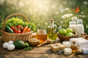 Fresh organic vegetables, fruits, and natural skincare products on a rustic wooden table outdoors