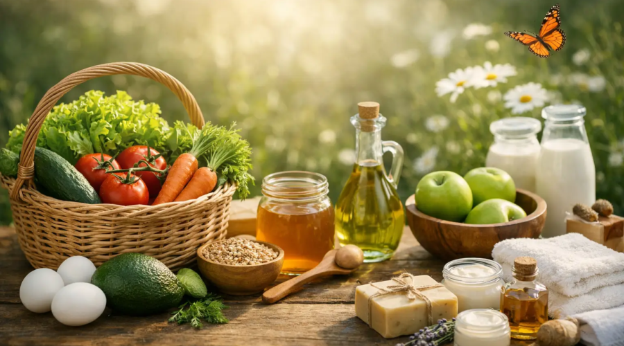 Fresh organic vegetables, fruits, and natural skincare products on a rustic wooden table outdoors