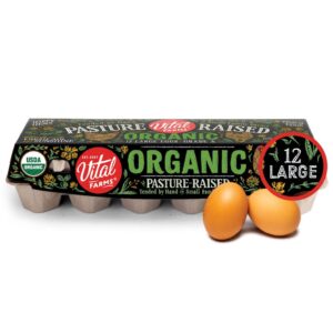 Vital Farms organic pasture-raised large eggs carton with two eggs displayed