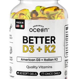 Bottle of Ocean Organic Better D3 + K2 vitamin supplements, 30 soft gels for daily use