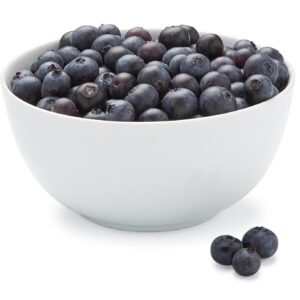 Fresh organic blueberries in a white bowl with a few berries beside it on a white background