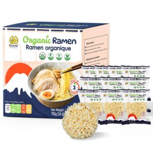 Organic ramen noodles package with noodle blocks and a bowl of prepared ramen soup
