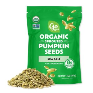 Go Raw Organic Sprouted Pumpkin Seeds in a green resealable bag with sea salt
