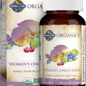 Garden of Life Organics Women’s Once Daily multivitamin bottle and box on a white background