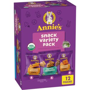 Annie’s Organic snack variety pack with 12 pouches of Cheddar Bunnies, Bunny Grahams, and Cheddar Squares
