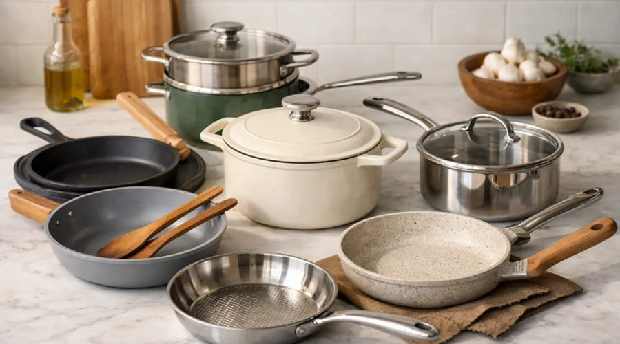 Modern non-toxic cookware set with frying pans, saucepans, and a Dutch oven on a kitchen countertop