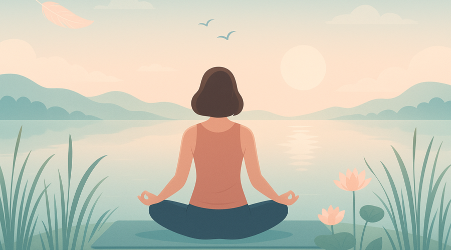 Woman meditating by a lake at sunrise with mountains and lotus flowers in the background