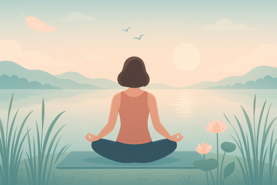 Woman meditating by a lake at sunrise with mountains and lotus flowers in the background