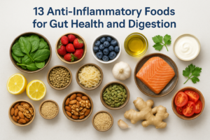 13 anti-inflammatory foods for gut health, including fruits, nuts, seeds, fish, and spices