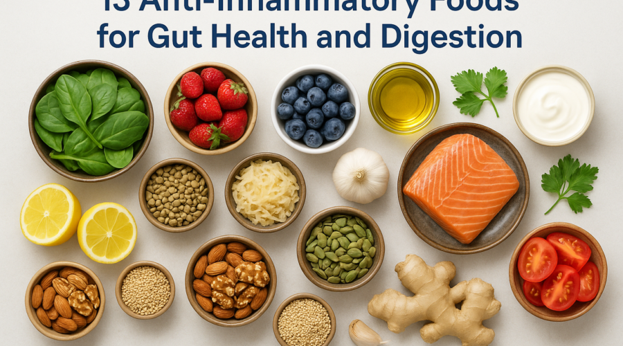 13 anti-inflammatory foods for gut health, including fruits, nuts, seeds, fish, and spices