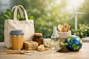 Eco-friendly reusable products on a natural background, showing a sustainable living concept