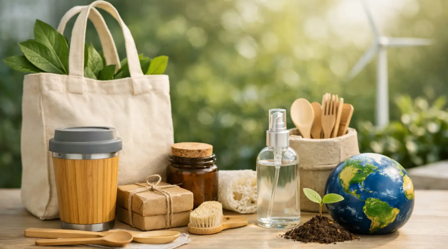 Eco-friendly reusable products on a natural background, showing a sustainable living concept