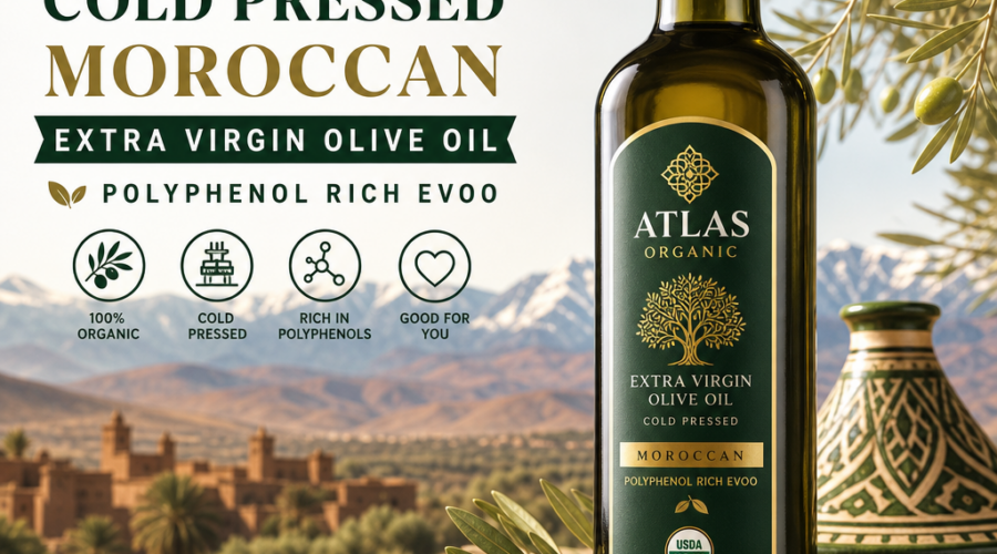 Bottle of Atlas organic cold pressed Moroccan extra virgin olive oil with olives and a Moroccan landscape backdrop