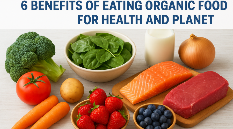 Fresh organic fruits, vegetables, and proteins representing the health and environmental benefits of organic food