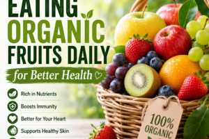 Basket of fresh organic fruits highlighting the health benefits of eating organic daily.