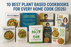 Top 10 plant-based cookbooks for home cooks in 2026, shown in a clean comparison graphic