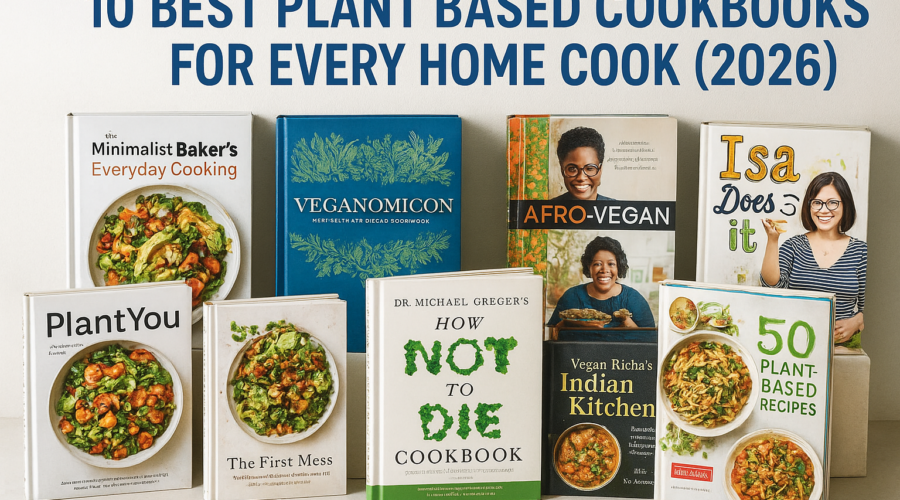 Top 10 plant-based cookbooks for home cooks in 2026, shown in a clean comparison graphic