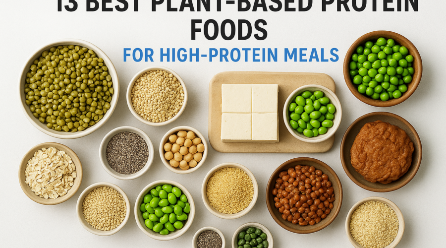 Assorted plant-based protein foods including legumes, seeds, and tofu arranged for high-protein meals