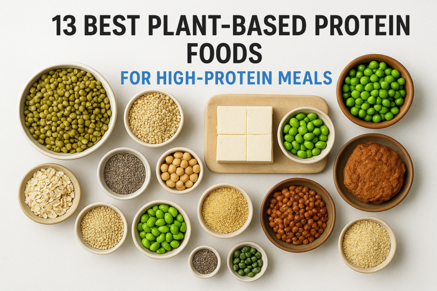Assorted plant-based protein foods including legumes, seeds, and tofu arranged for high-protein meals