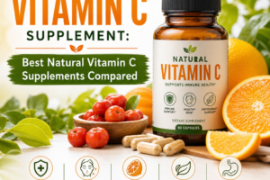 Vitamin C supplement bottle with oranges and capsules for immune support and natural ingredients