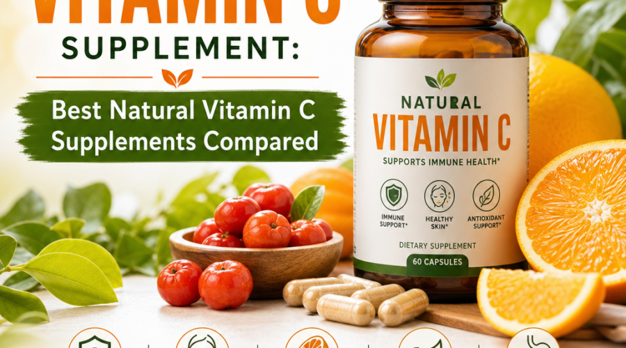 Vitamin C supplement bottle with oranges and capsules for immune support and natural ingredients