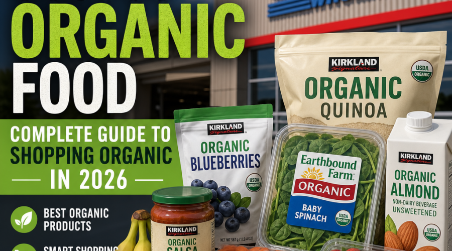 Infographic guide to Costco organic foods, featuring top products and shopping tips for 2026