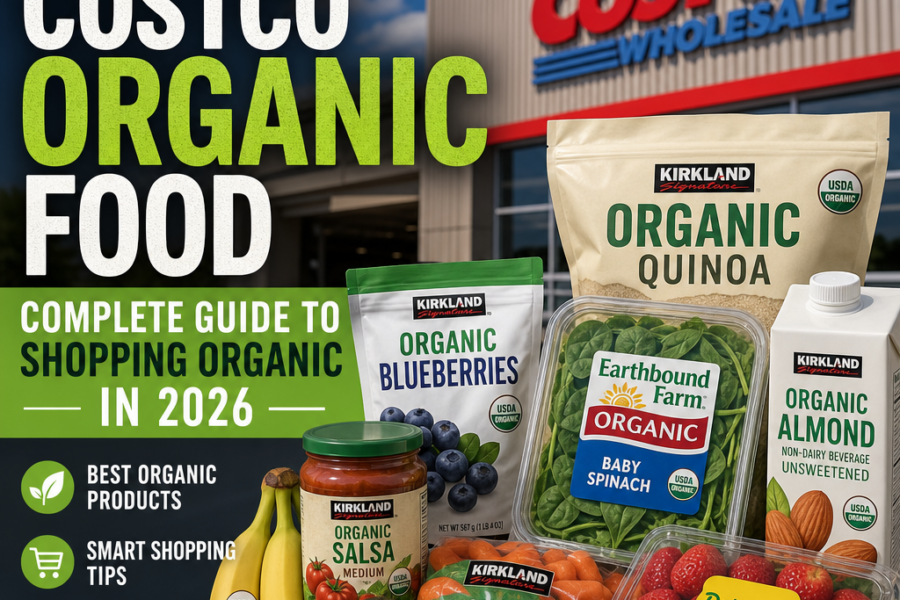 Infographic guide to Costco organic foods, featuring top products and shopping tips for 2026