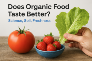 Fresh organic tomato, strawberries, and lettuce highlighting organic food taste and quality