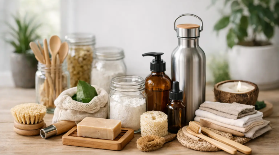 Eco-friendly bathroom essentials and natural skincare products arranged on a wooden surface