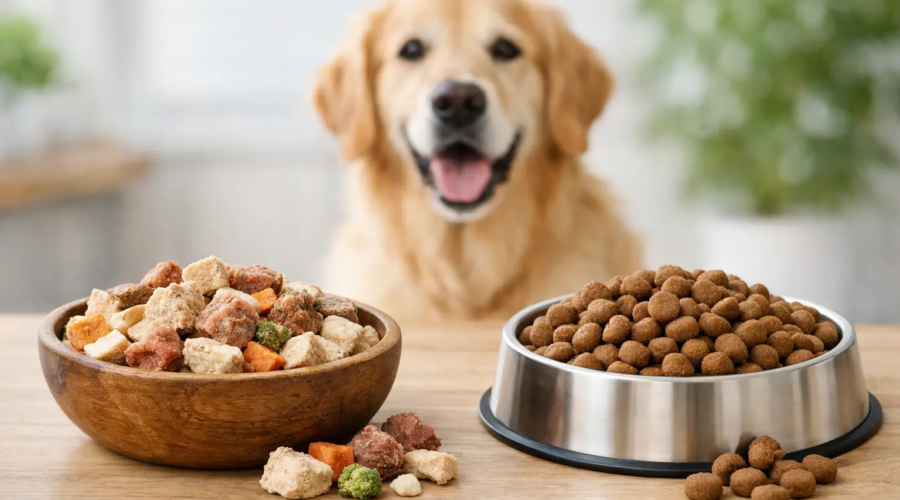 Golden retriever next to bowls of dry and wet dog food comparing freeze-dried raw and kibble