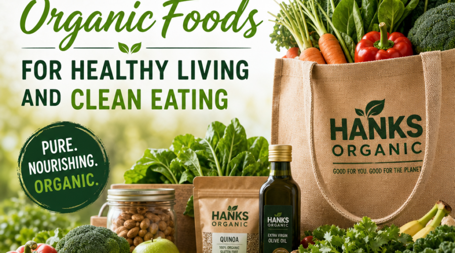 Hanks Organic Foods display of fresh organic vegetables and products for healthy living and clean eating