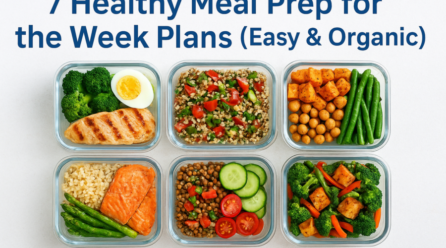 Seven healthy organic meal prep containers with balanced meals for easy weekly planning
