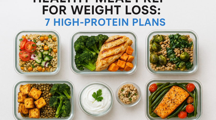 Meal prep containers with high-protein foods for weight loss, including chicken, vegetables, and grains
