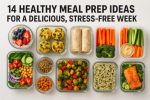 Healthy meal prep containers with colorful vegetables, grains, and proteins for a stress-free week