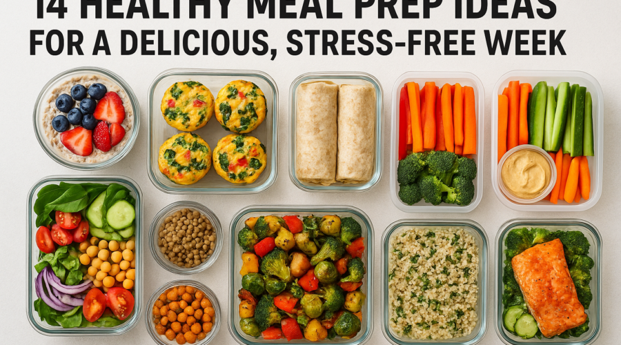 Healthy meal prep containers with colorful vegetables, grains, and proteins for a stress-free week