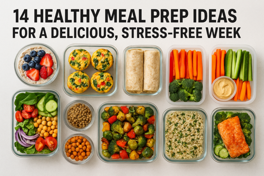 Healthy meal prep containers with colorful vegetables, grains, and proteins for a stress-free week