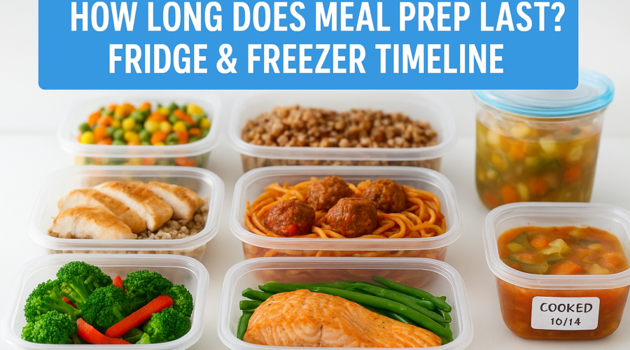Meal prep containers with cooked food showing fridge and freezer storage timelines